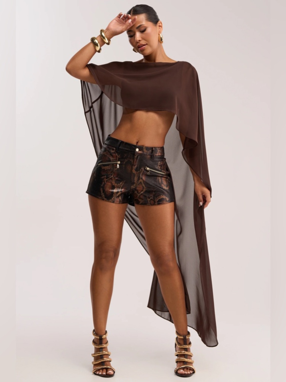 AKIRA Brown Sheer Cape Crop Top